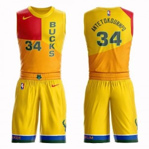 Nike NBA Maillots Basket Giannis Antetokounmpo Bucks Jaune Homme No.34 Suit City Edition